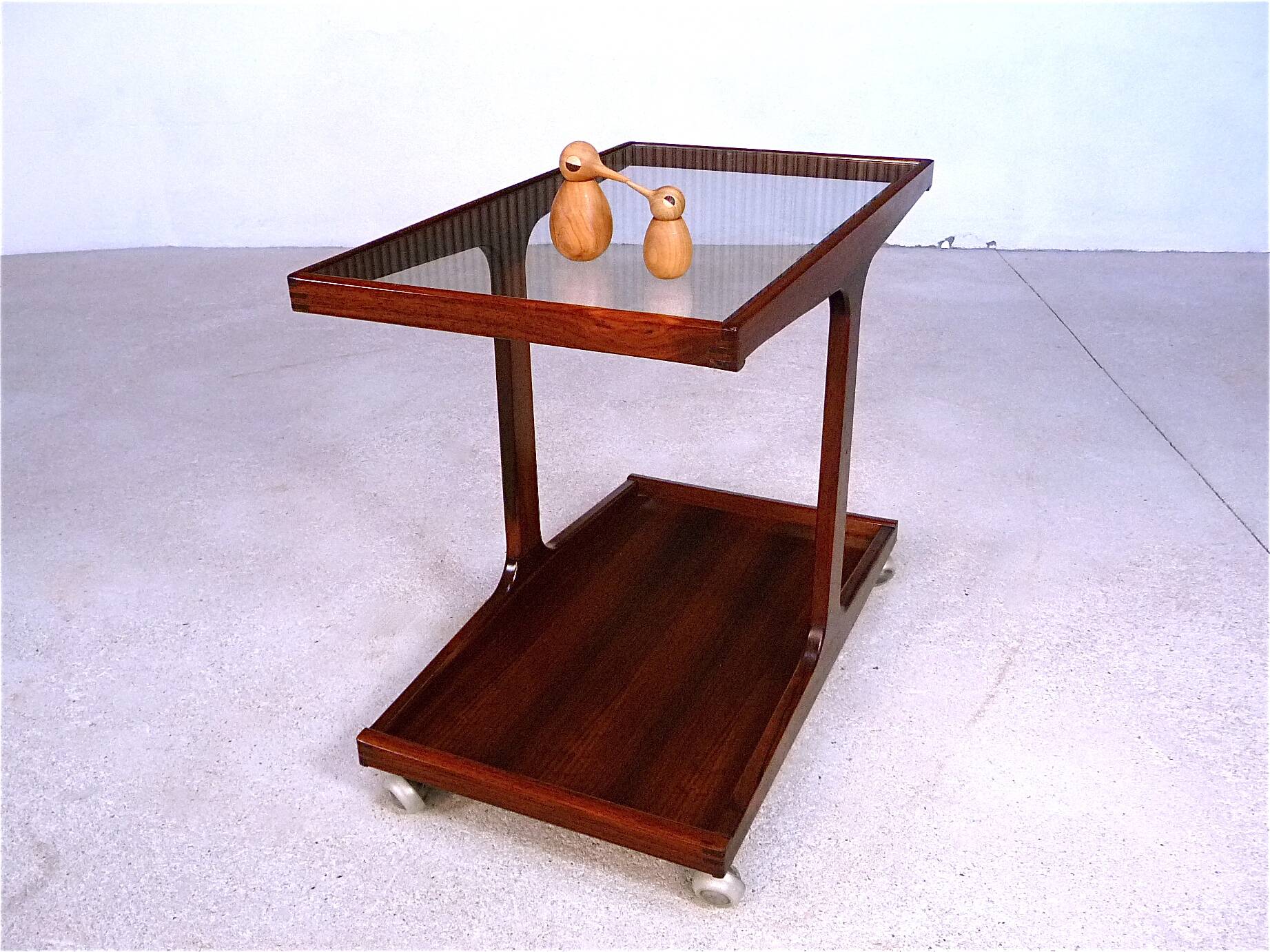 Vintage Modernist Serving Bar Cart in Walnut with Glass Top, Germany 1960s