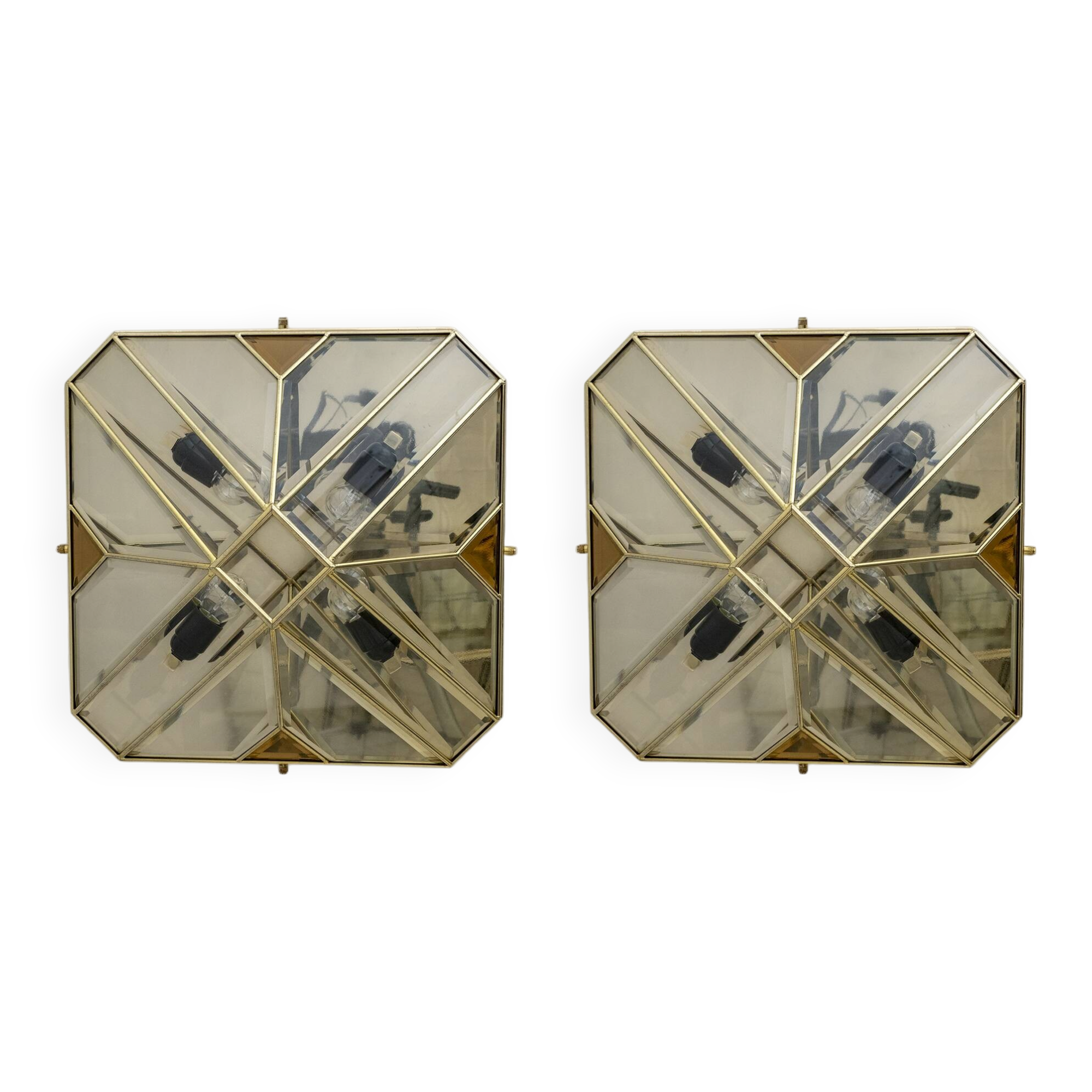 Mid-Century Modern Italian Brass and Frosted Glass Ceiling Lights, '70
