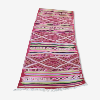 Tapis kilim rose multicolore fait main en pure laine - 220x100cm