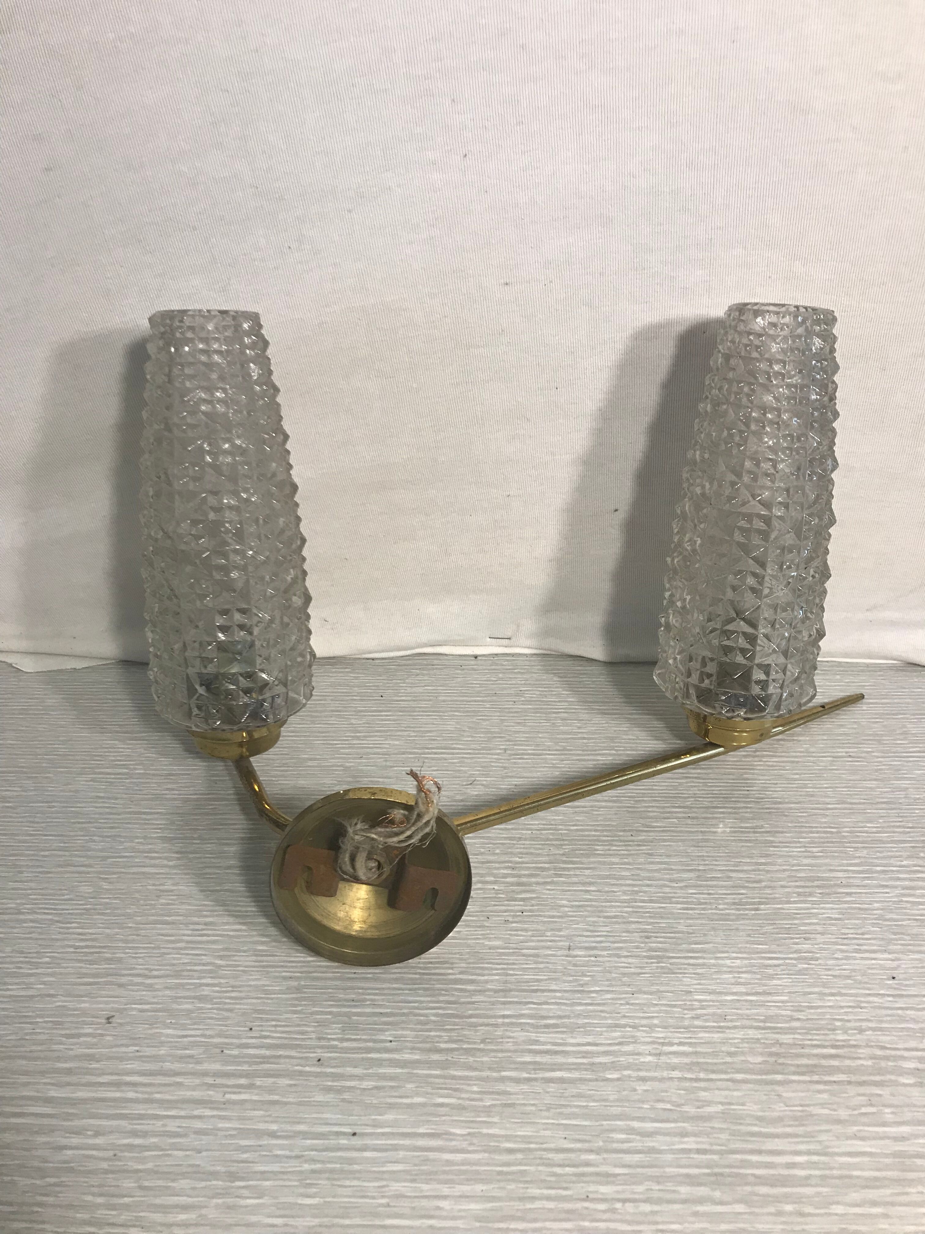 Double old glass wall light golden metal support vintage 70s