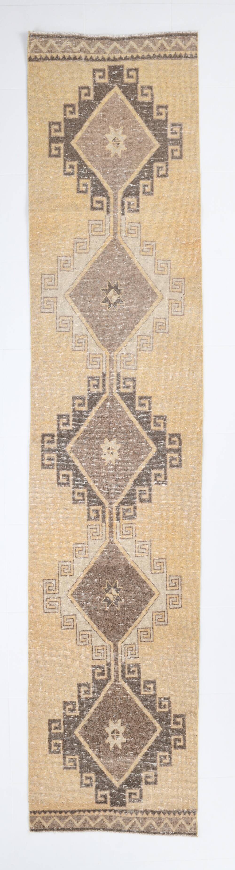 3x12 Light Yellow & Brown Turkish Vintage Runner Rug, 80x373Cm