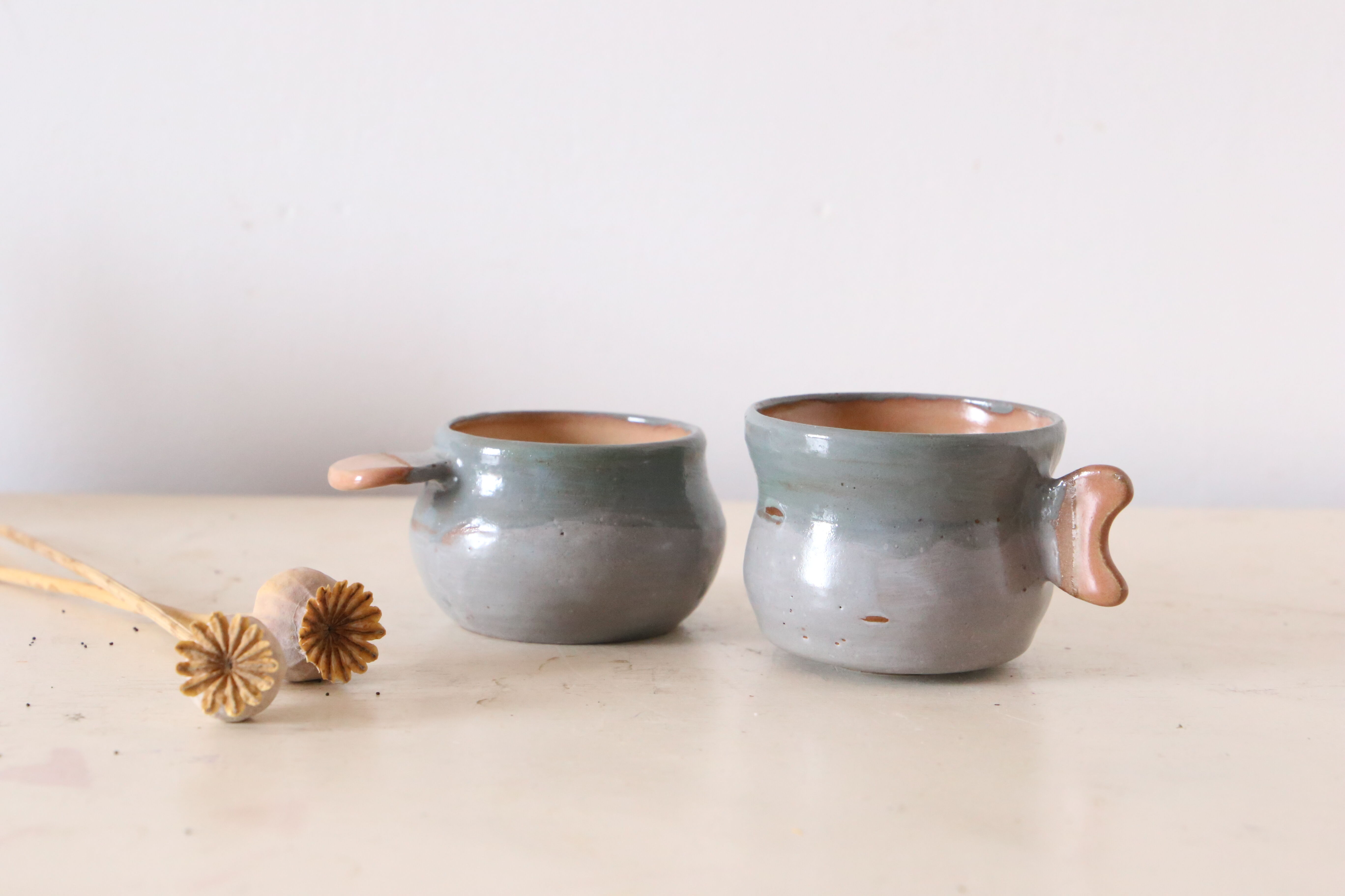 Set of 2 sandstone cups, artisanal pottery, vintage, 1980