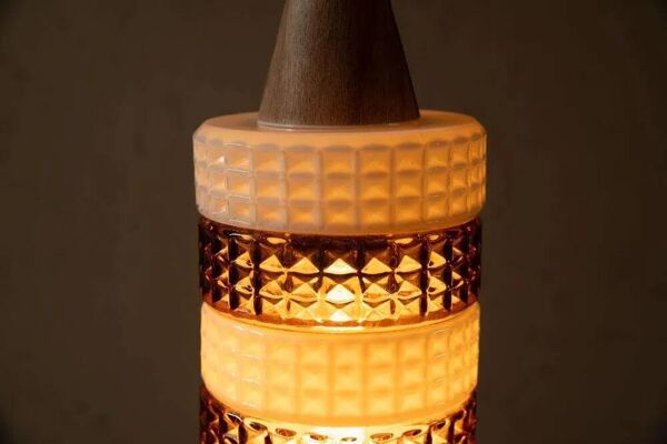 Suspension vintage en verre, cylindre en verre ambré, lampe suspendue