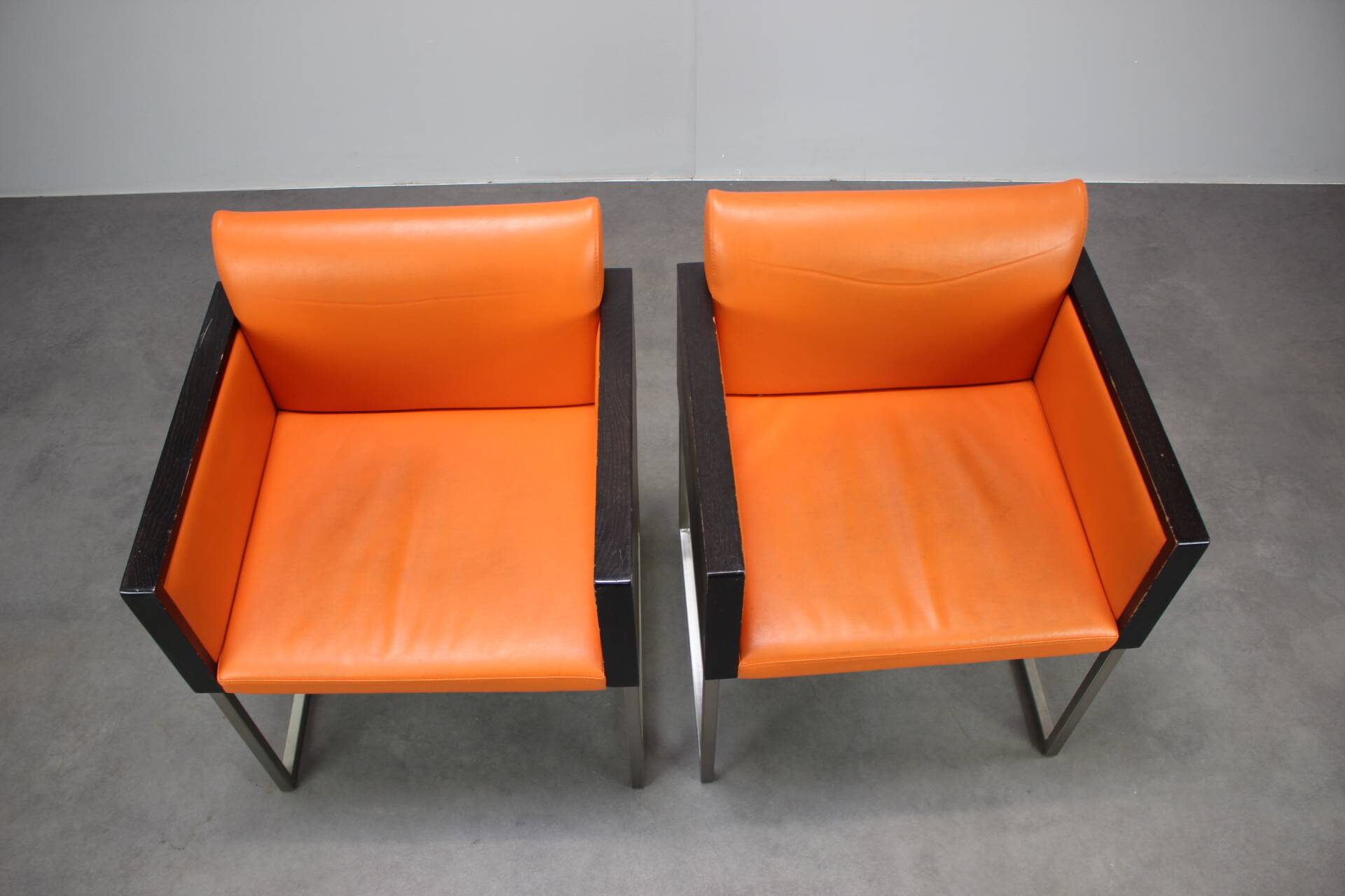 Pair of BOX 740 armchairs by Pedrali, Italy, Wenge Wood and Orange Fabric.