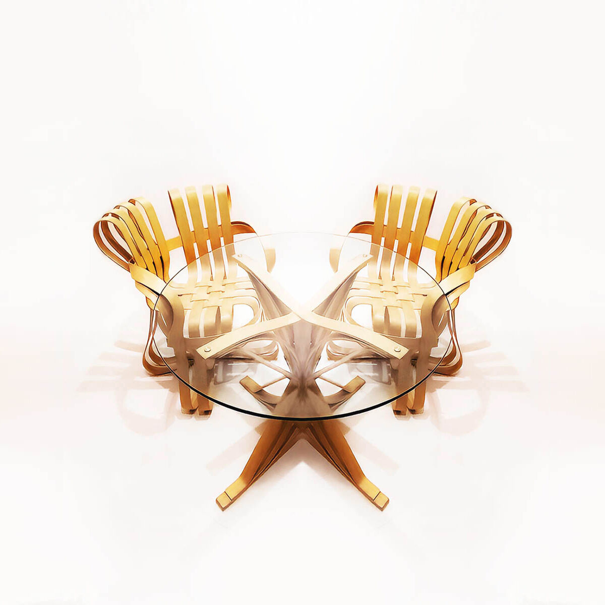 Frank Gehry dinette with 2 bentwood Cross Check chairs and a Face Off dining table for Knoll Inc.