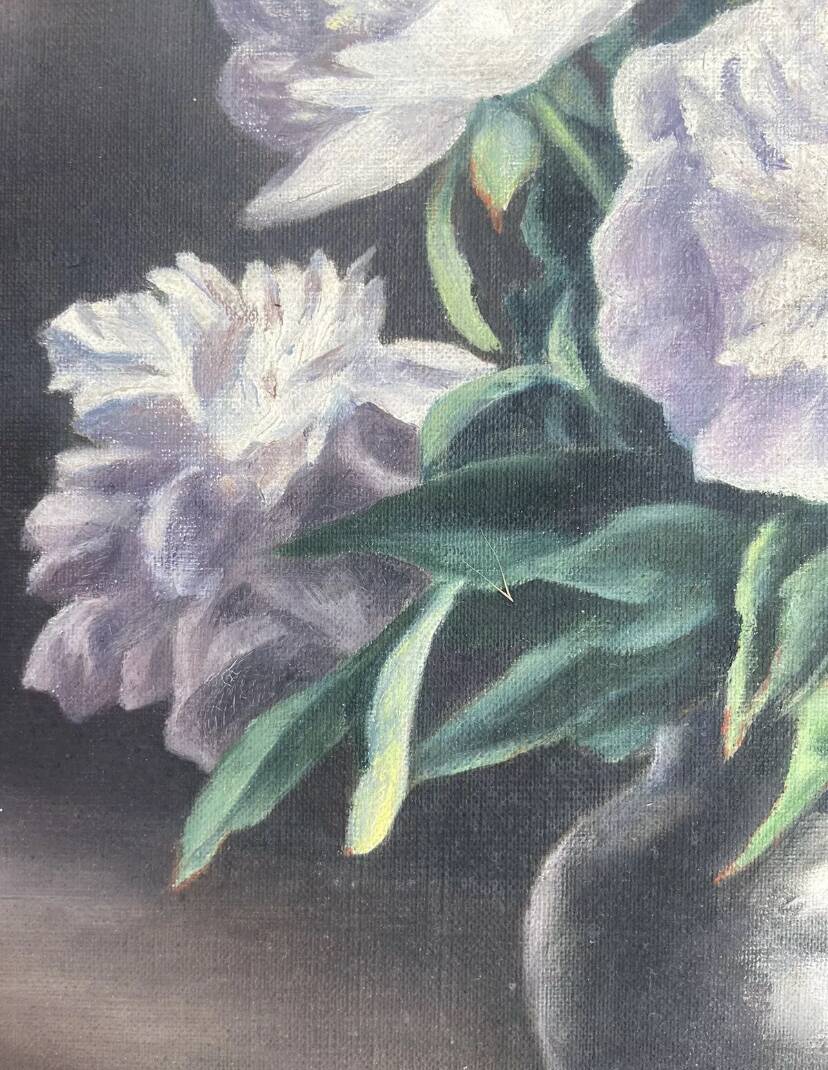 Tableau Ancien -peinture à l’huile - les Pivoines Blanches