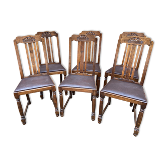 6 chaises vintage art deco 1940s chêne et cuir