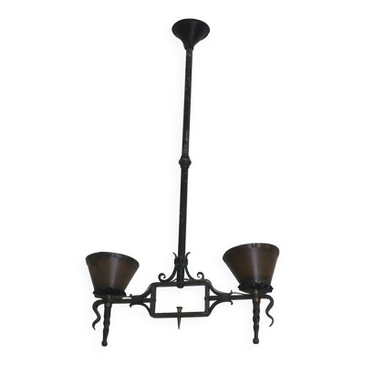 Chandelier brutaliste en fer forgé et cuivre à 2 bras, années 1960