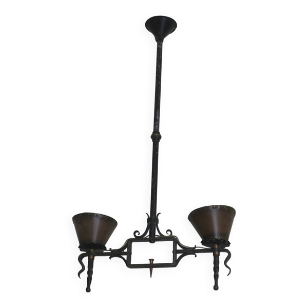 Chandelier brutaliste en fer forgé et cuivre à 2 bras, années 1960