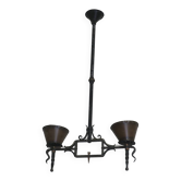 Brutalist wrought iron and copper 2-arm chandelier, 1960s