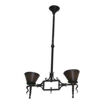 Brutalist wrought iron and copper 2-arm chandelier, 1960s