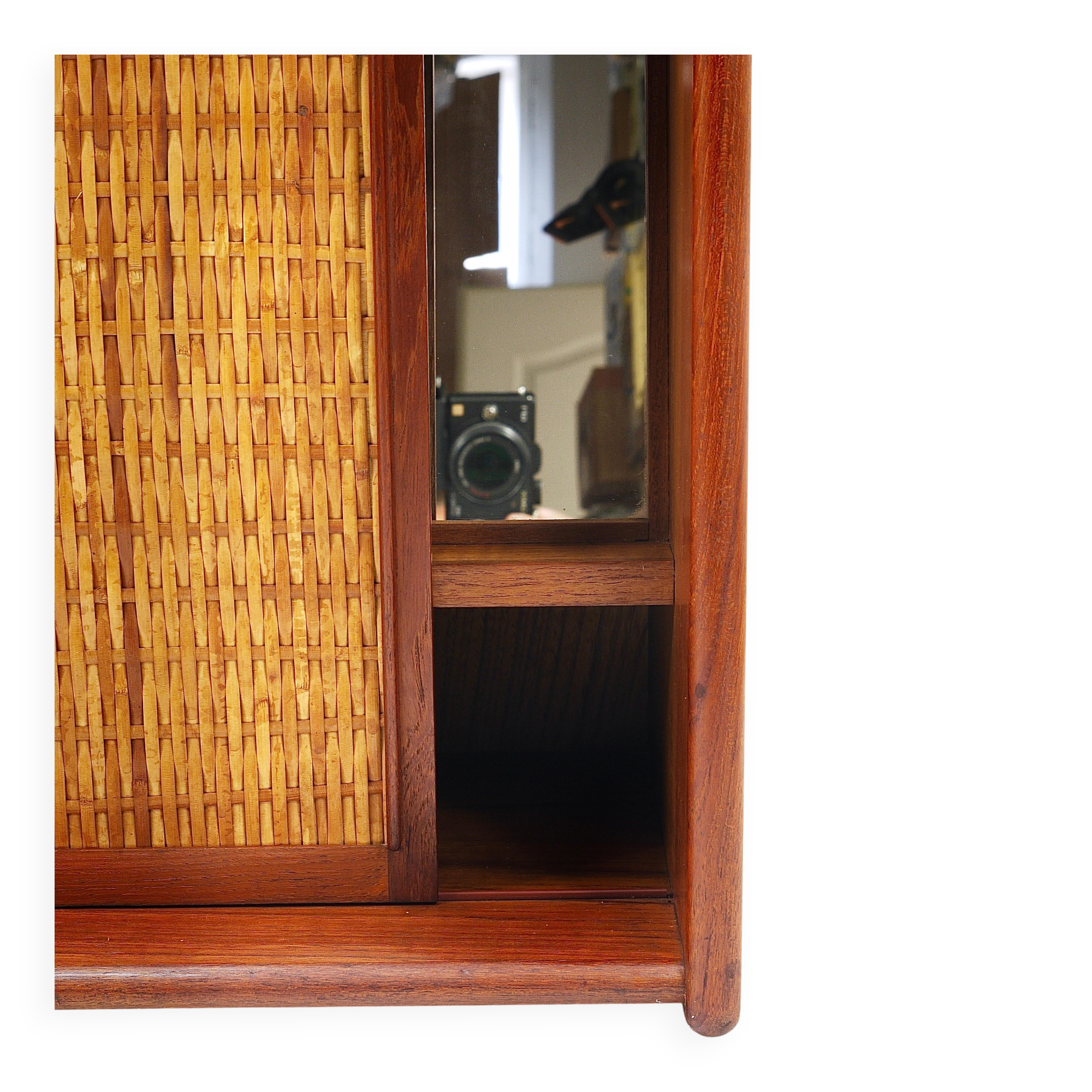 Arne Wahl Iversen Wall Mirror & Shelf Cabinet, Teak & Cane for Brenderup Denmark