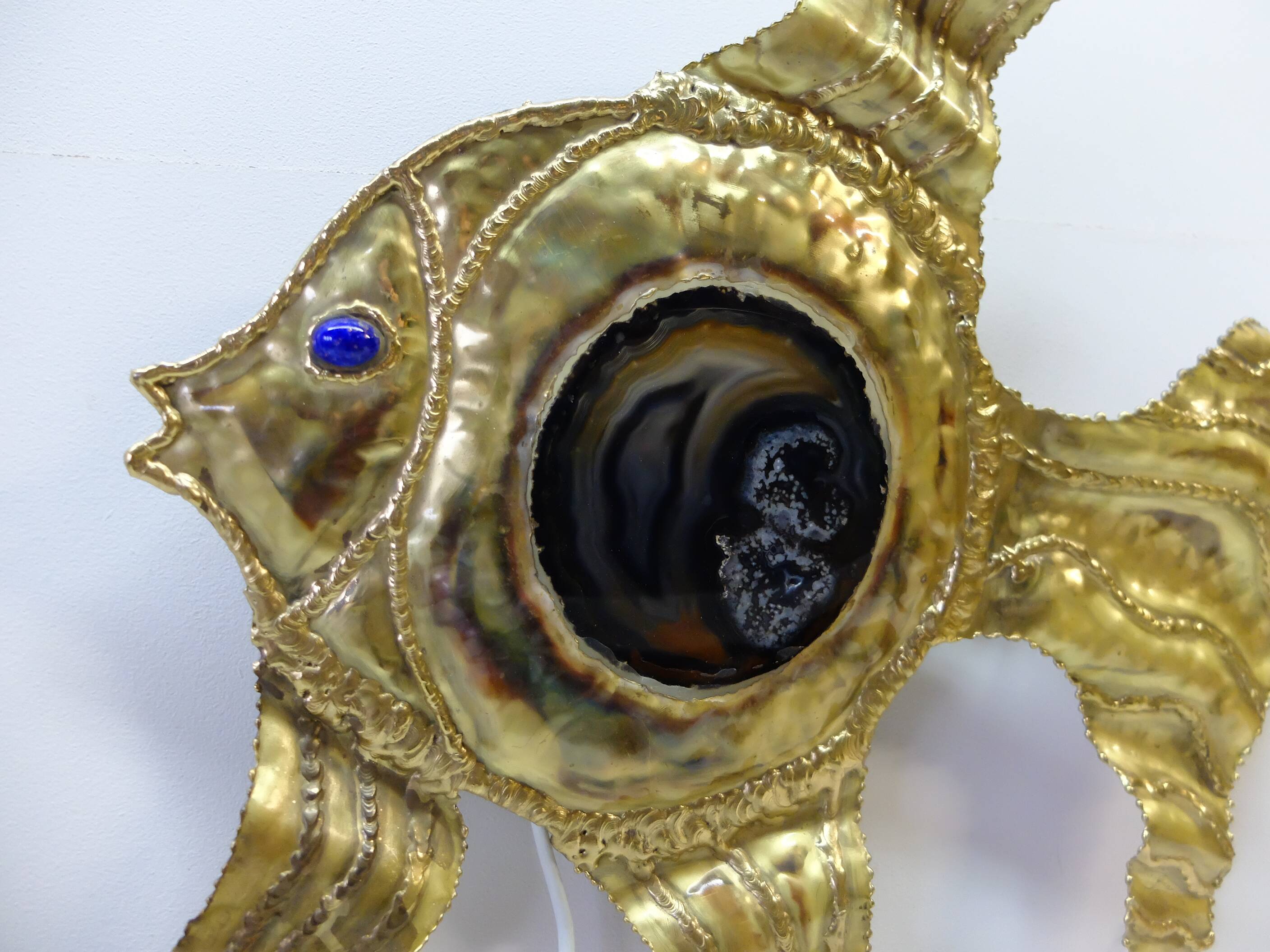 Henri Fernandez, Brass Fish Wall Lamp, Signed