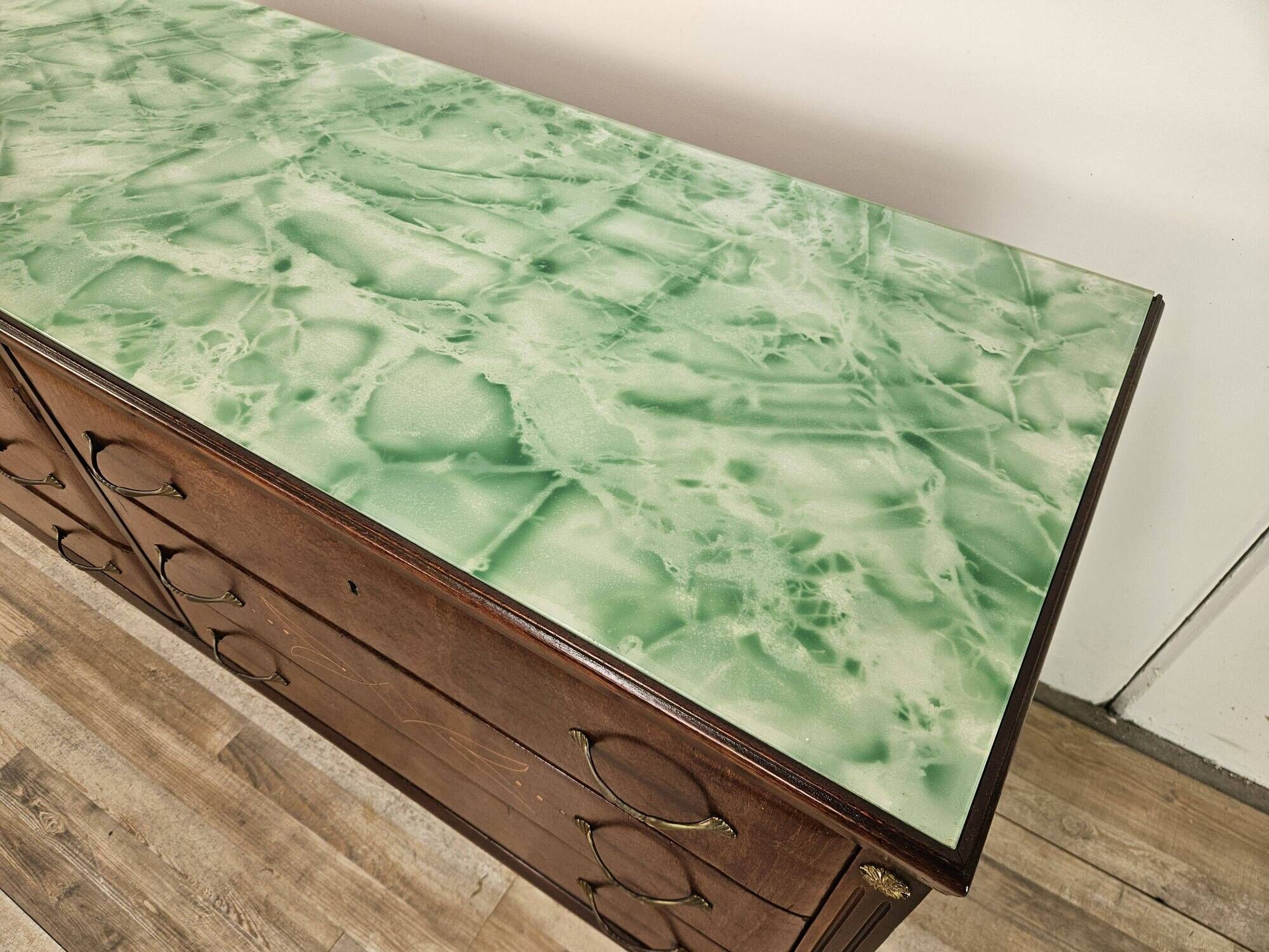 Vintage six-drawer oak chest of drawers with glass top, 1960