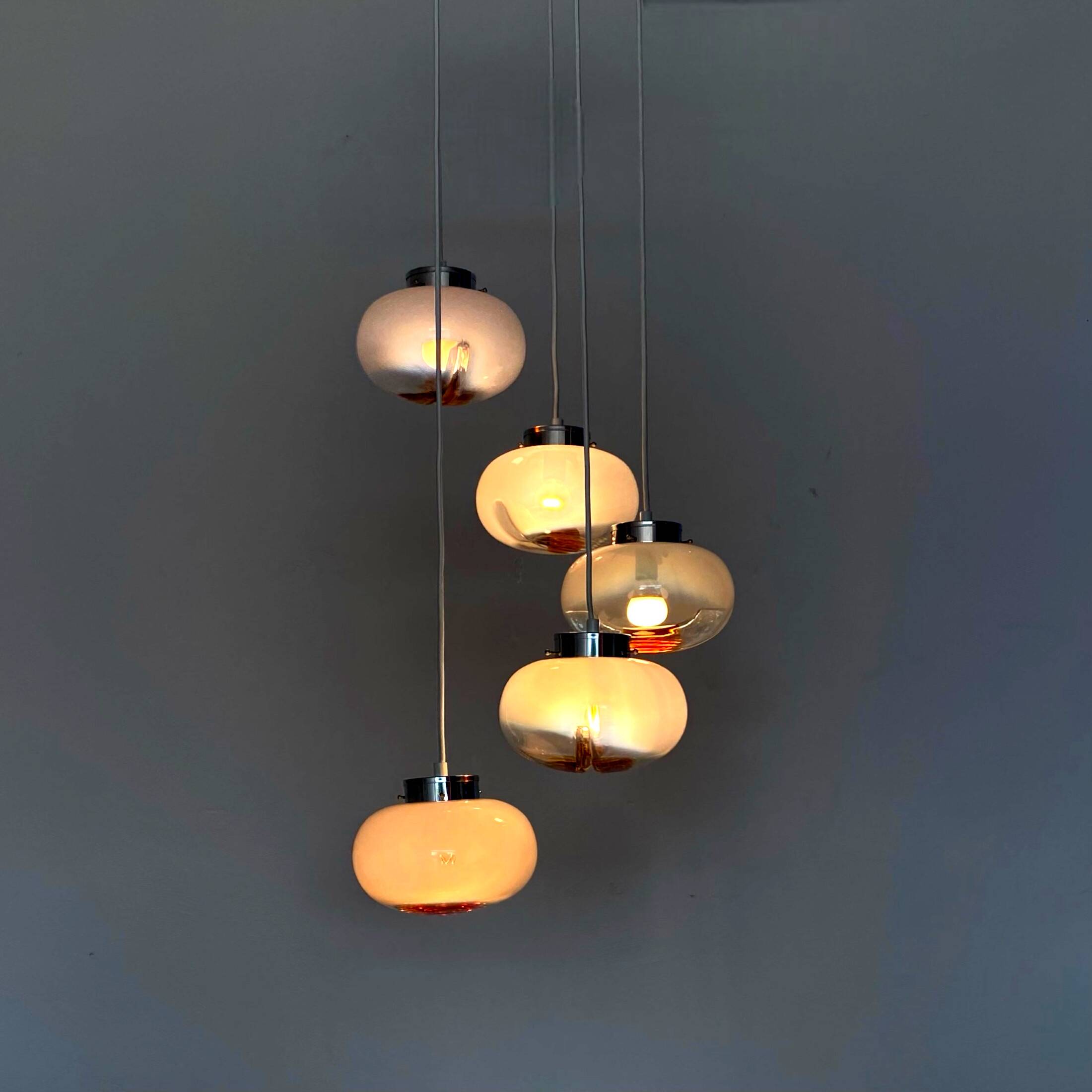 Large chandelier pendant waterfall glass globes Mazzega Murano design seventies LAMP-7267