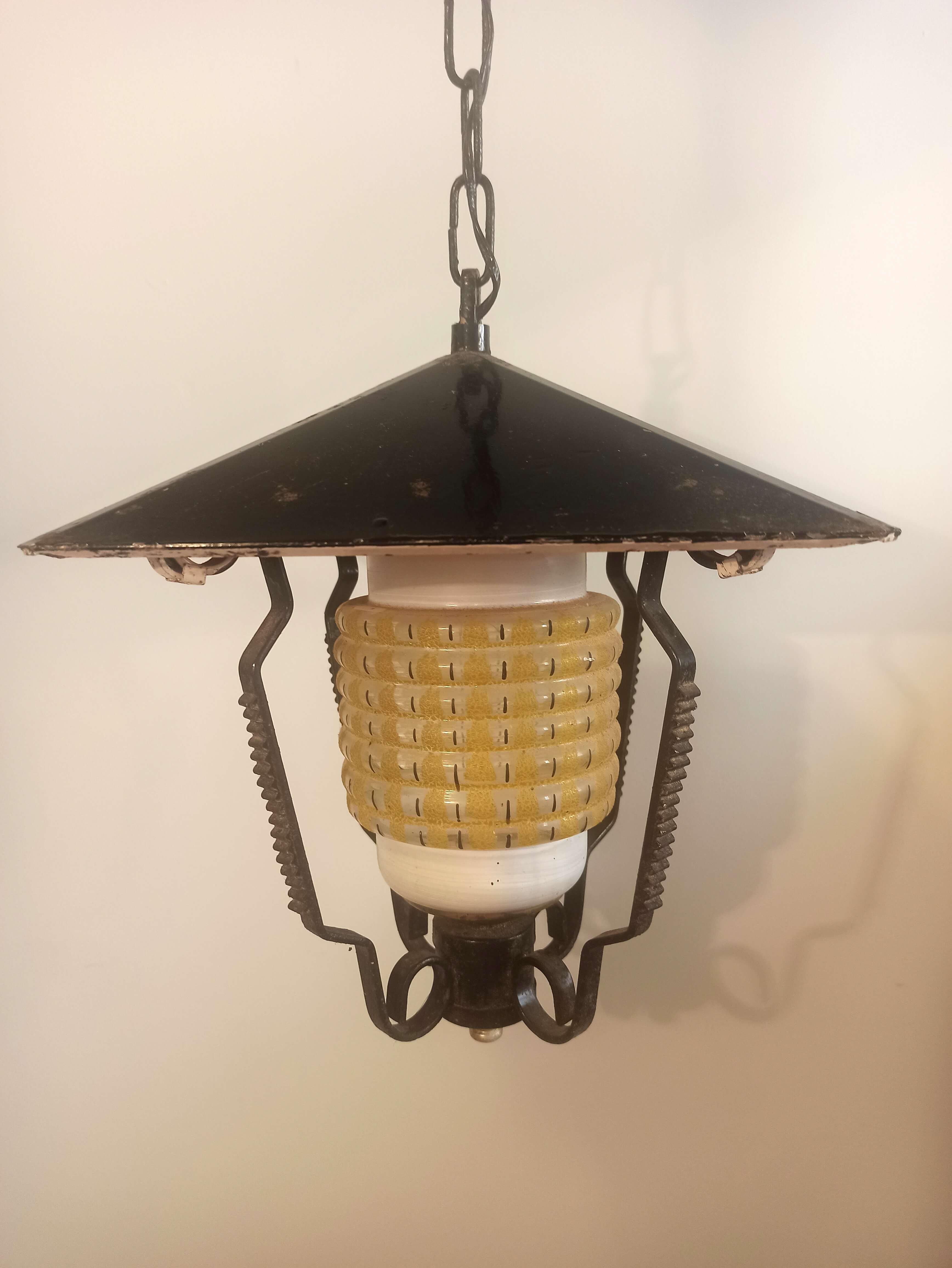 Vintage outdoor pendant light in yellow molded glass and black metal
