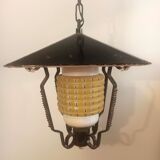 Vintage outdoor pendant light in yellow molded glass and black metal