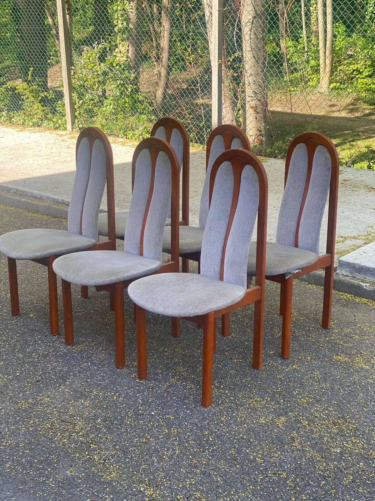 6 vintage cherry wood dining chairs with tweed fabric in MCM style 1970.