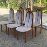 6 vintage cherry wood dining chairs with tweed fabric in MCM style 1970.