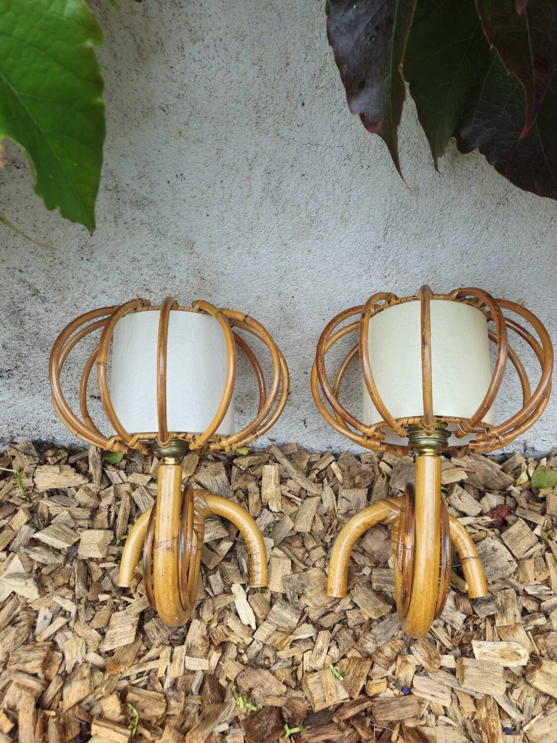 Pair of rattan wall lights by Louis Sognot 1950