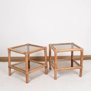 Pair of bedside tables or side tables, in rattan and smoked glass