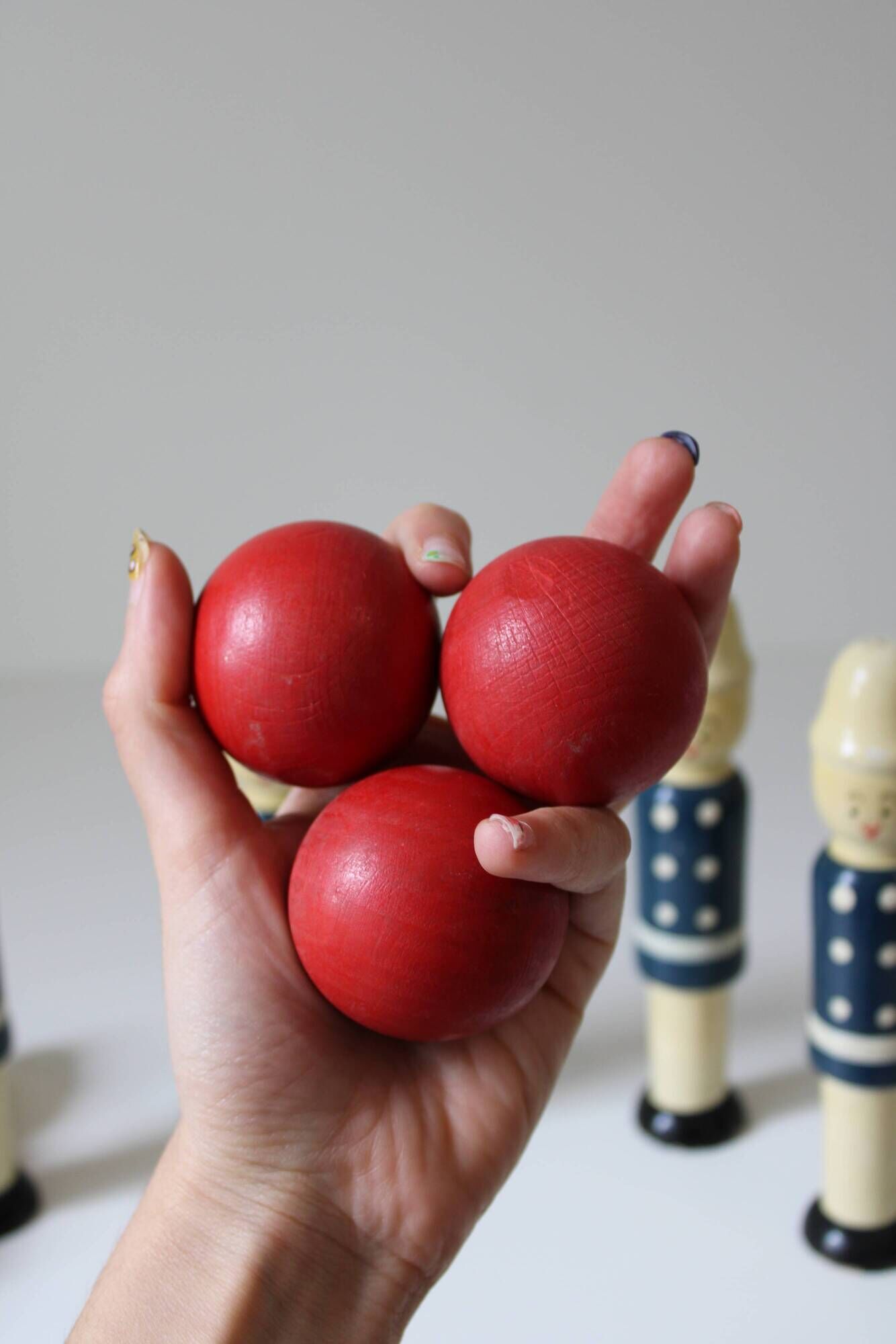 Vintage 1970s wooden soldier bowling set or bowling alley