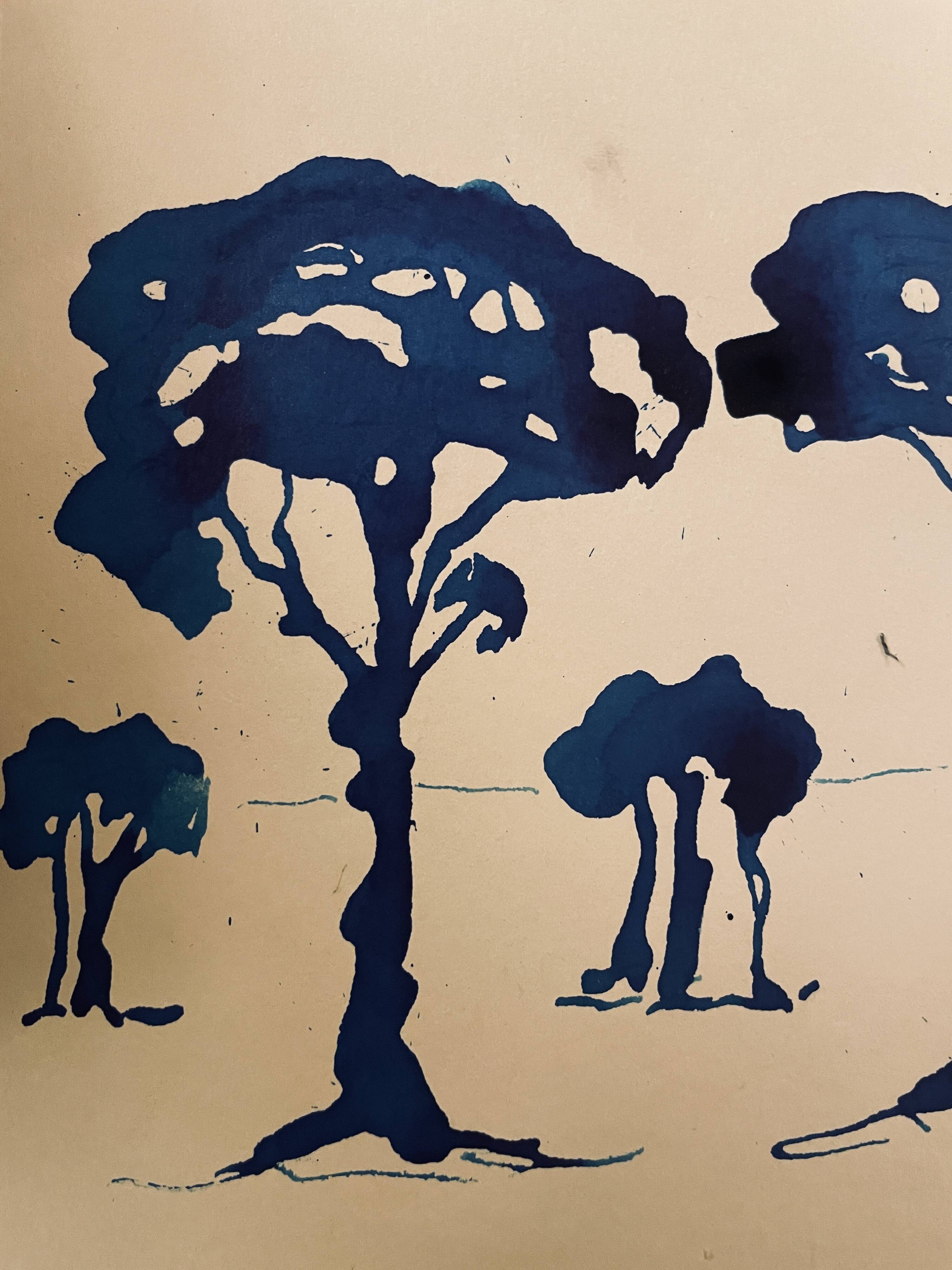 Painting, monochrome watercolor "Twilight over the Pine Forest" Provence, signed
