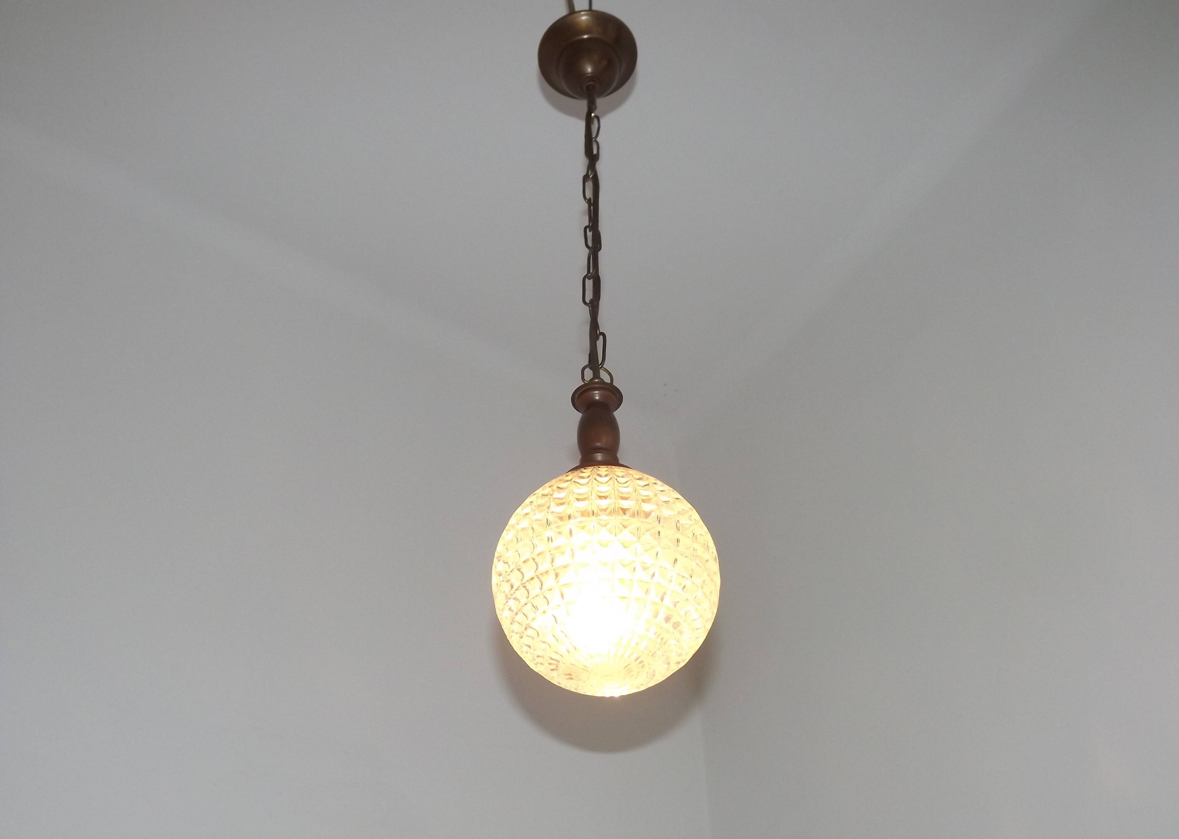 French Vintage Molded Glass & Brass Pendant Light 1970s Globe Hanging Lamp