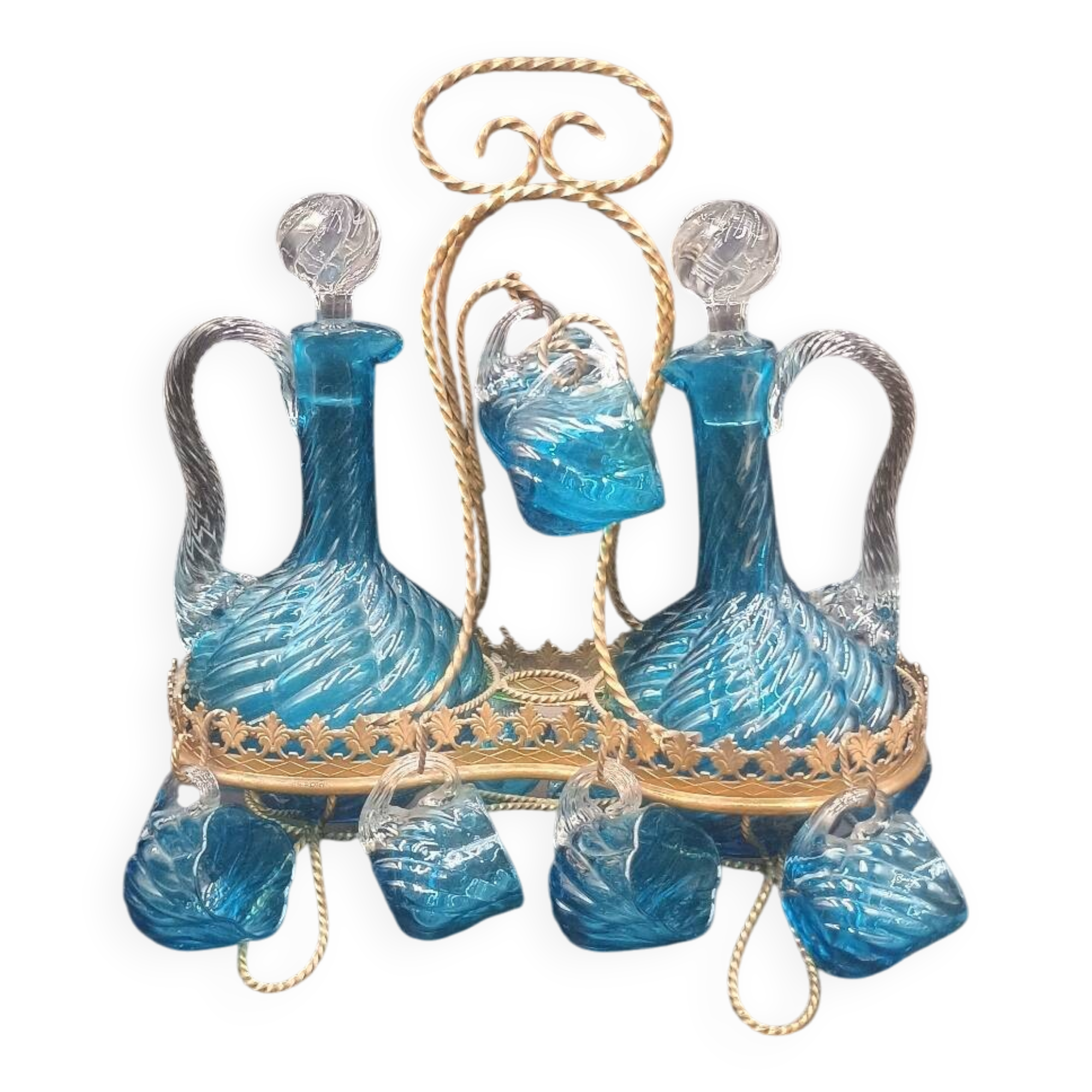 Cabaret Portieux liqueur service with 10 blue and clear glasses.