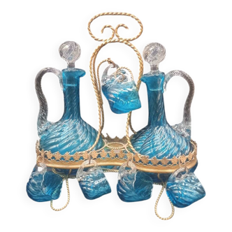 Cabaret Portieux liqueur service with 10 blue and clear glasses.