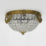 Half-basket ceiling light with 3 bronze lights and glass pendants. 1980s