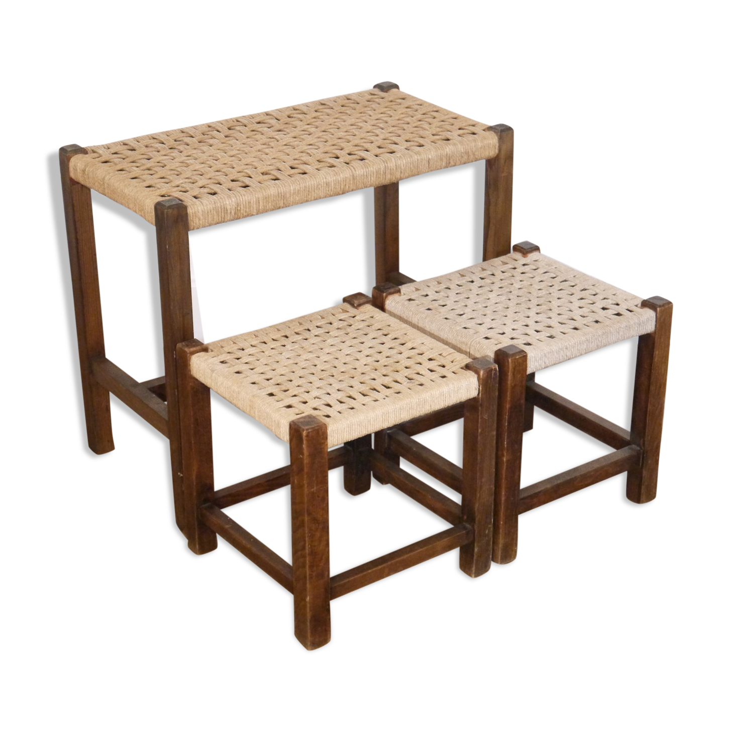 Ensemble de 3 tabourets vintage bois et corde
