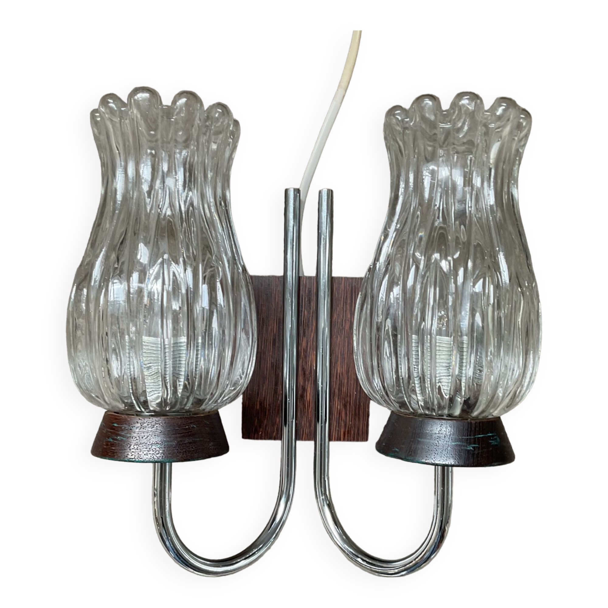 Vintage double light wall lamp in teak and molded glass