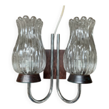 Vintage double light wall lamp in teak and molded glass