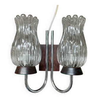 Vintage double light wall lamp in teak and molded glass