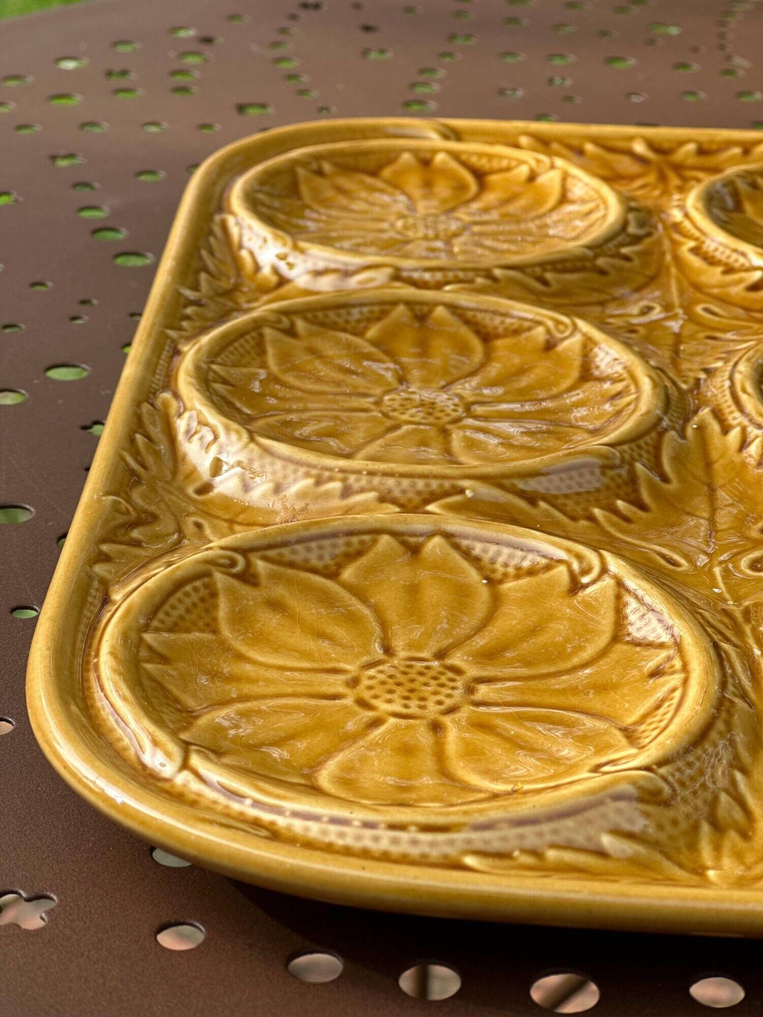 Vintage ochre earthenware artichoke dish, 6 compartments, relief flowers.