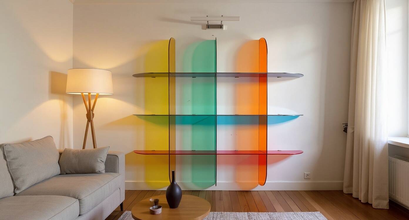 Multicoloured designer wall shelf in PMMA (plexiglass) 15 mm – 200×200×28 cm