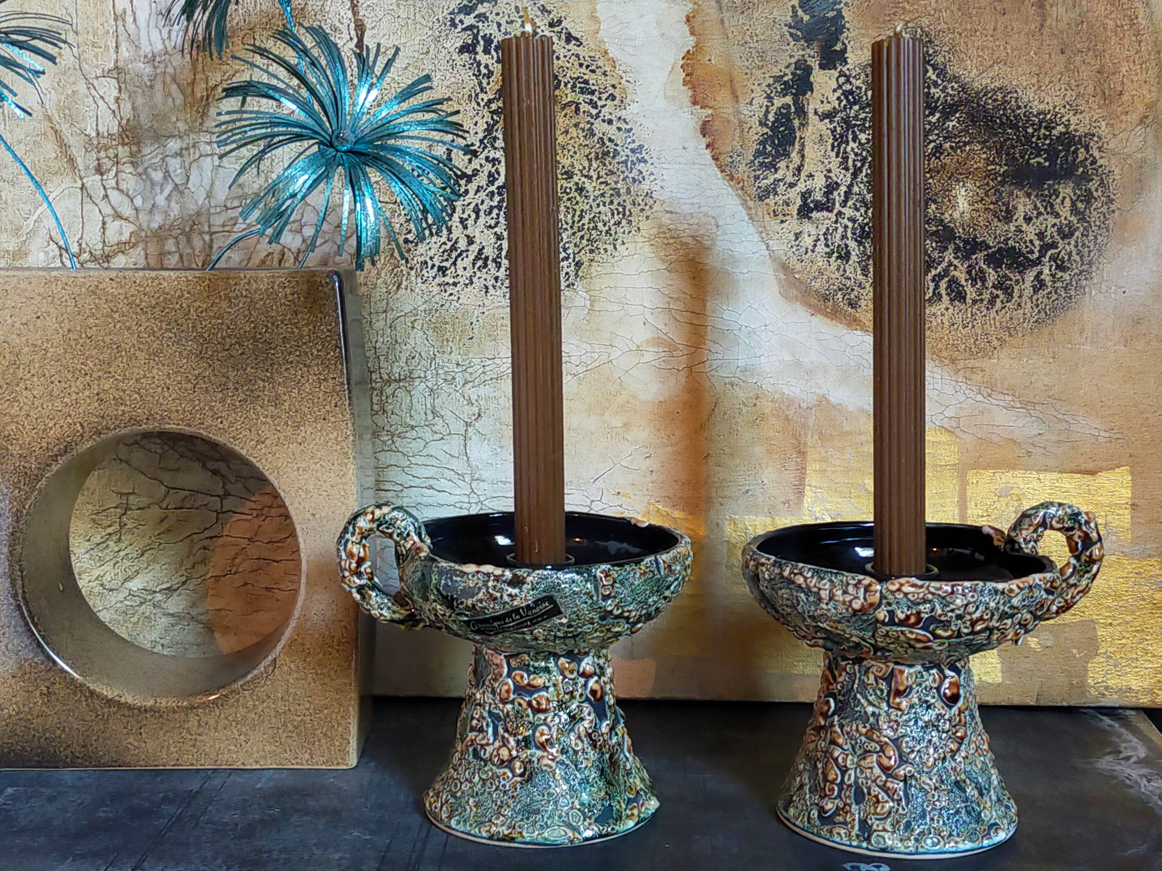 Pair of vintage Vanoise honey foam ceramic candlesticks