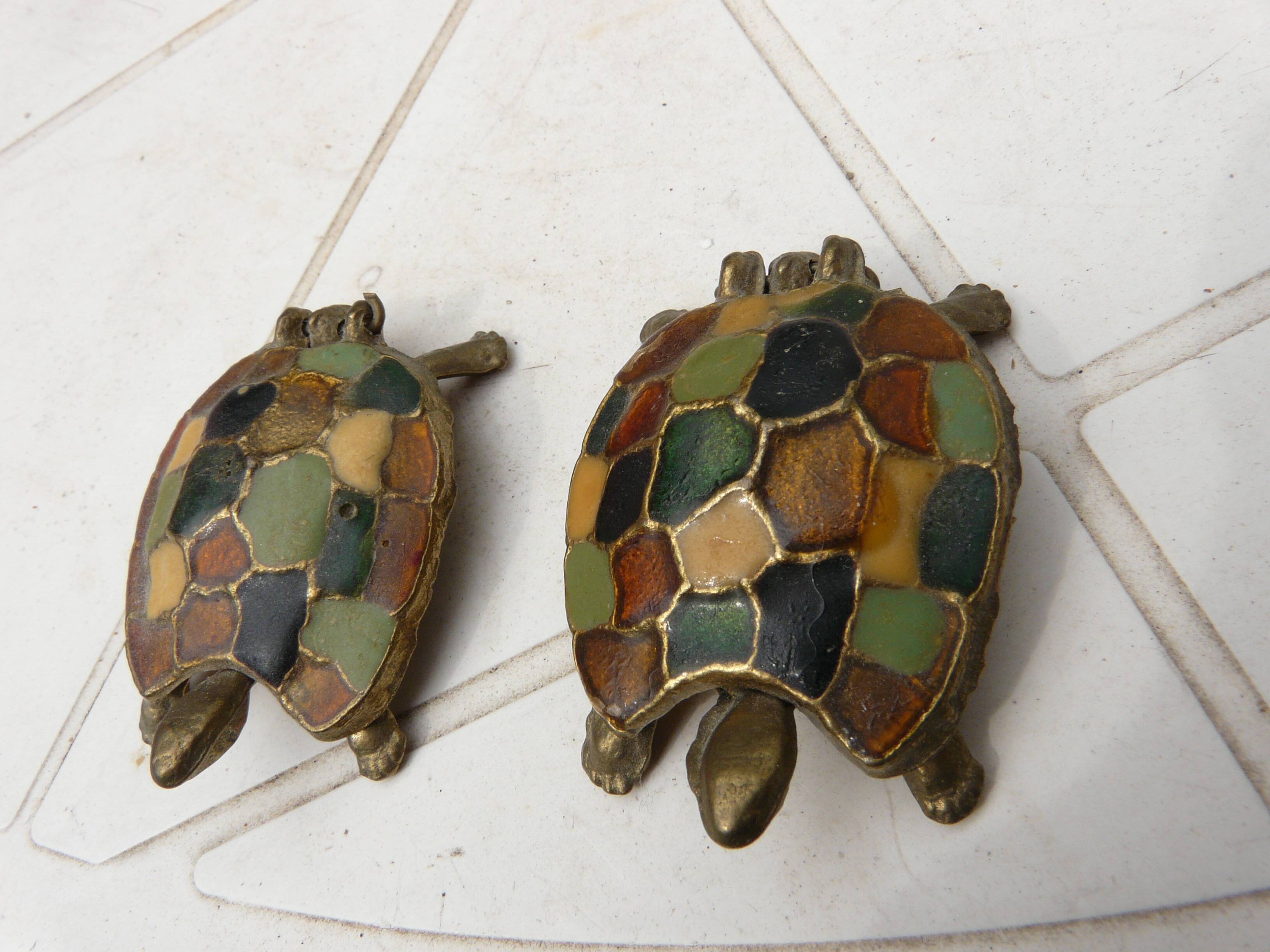 Pair of brass and enameled turtle jewelry box