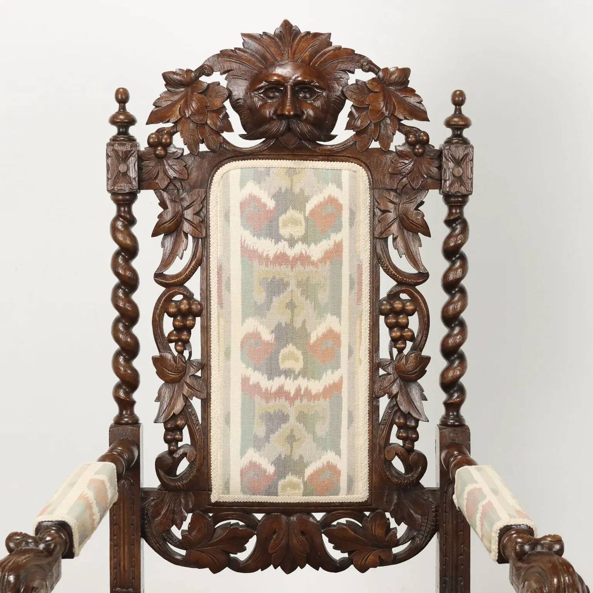 Antique Neo-Renaissance armchair in oak and fabric, 19th-20th century.