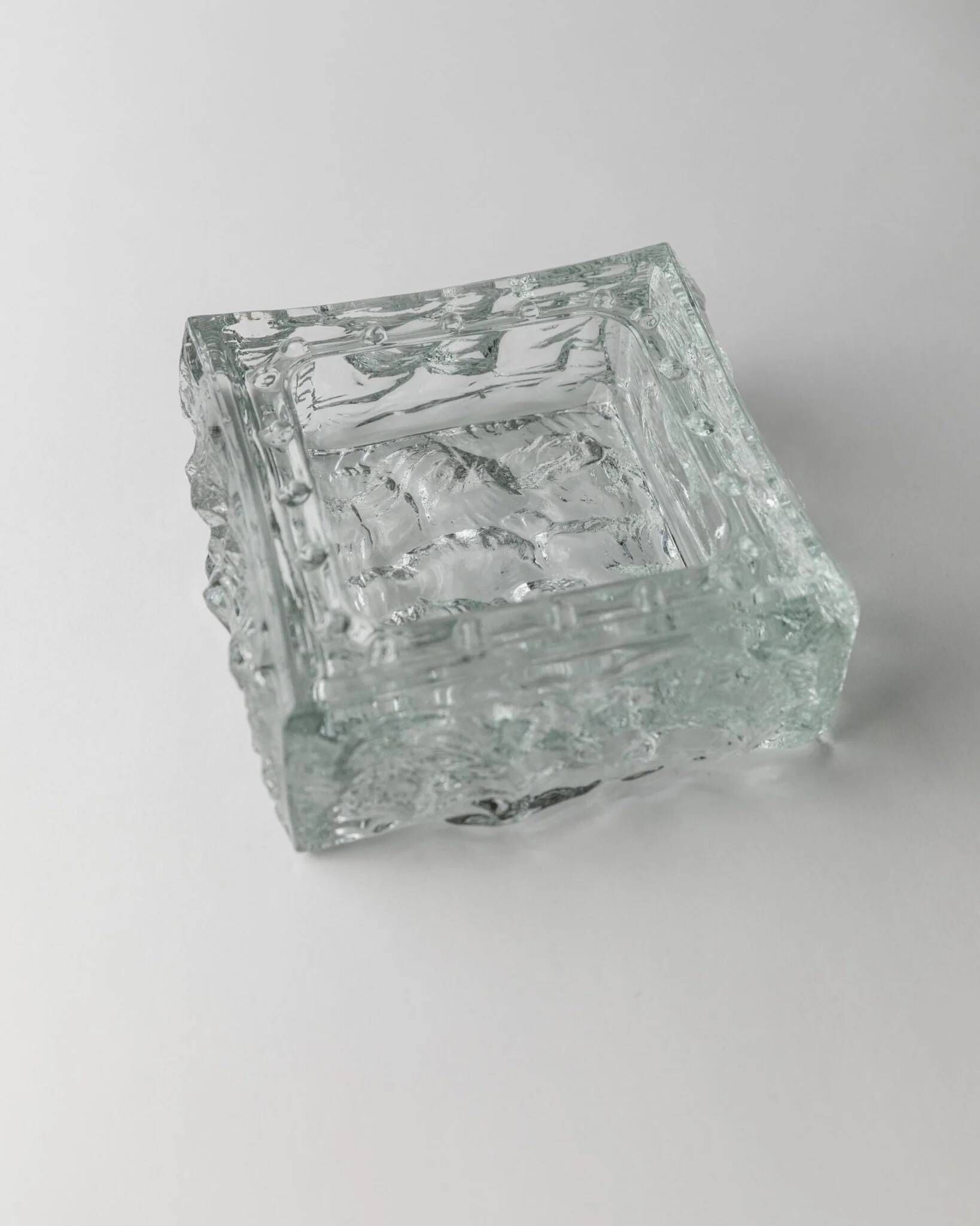 Large Vintage Murano Glass Ashtray - Transparent Glass with Ice Texture, Italian 1970s Design