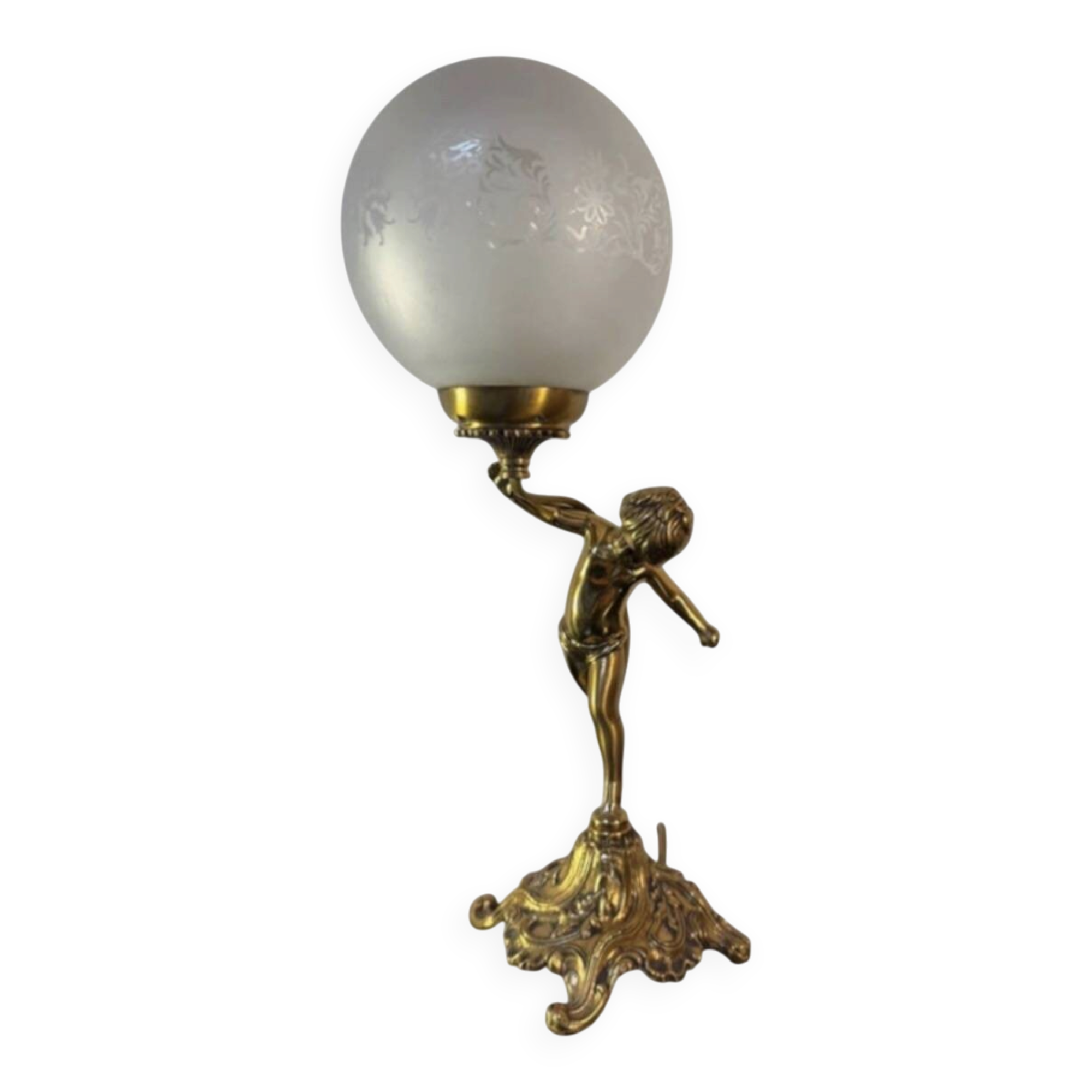 Antique lamp, gilded bronze, cherub, engraved glass globe, Mathieu lighting.