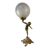 Antique lamp, gilded bronze, cherub, engraved glass globe, Mathieu lighting.