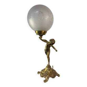 Antique lamp, gilded bronze, cherub, engraved glass globe, Mathieu lighting.