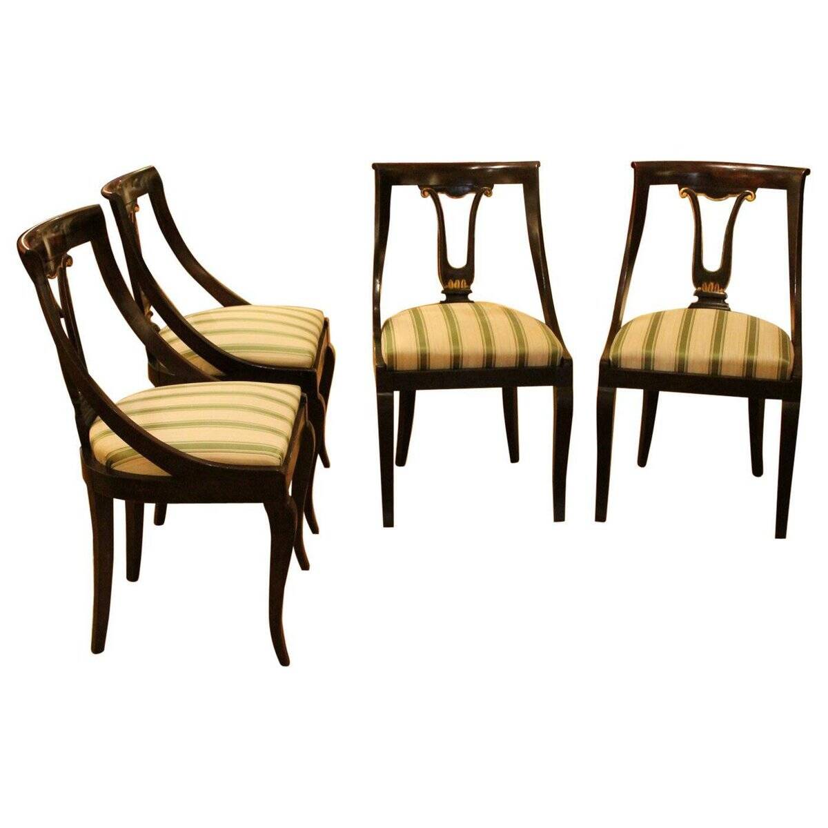 18th Century French Directoire Mahogany Chairs with Silk Blend Upholster Fabric, Set of 4