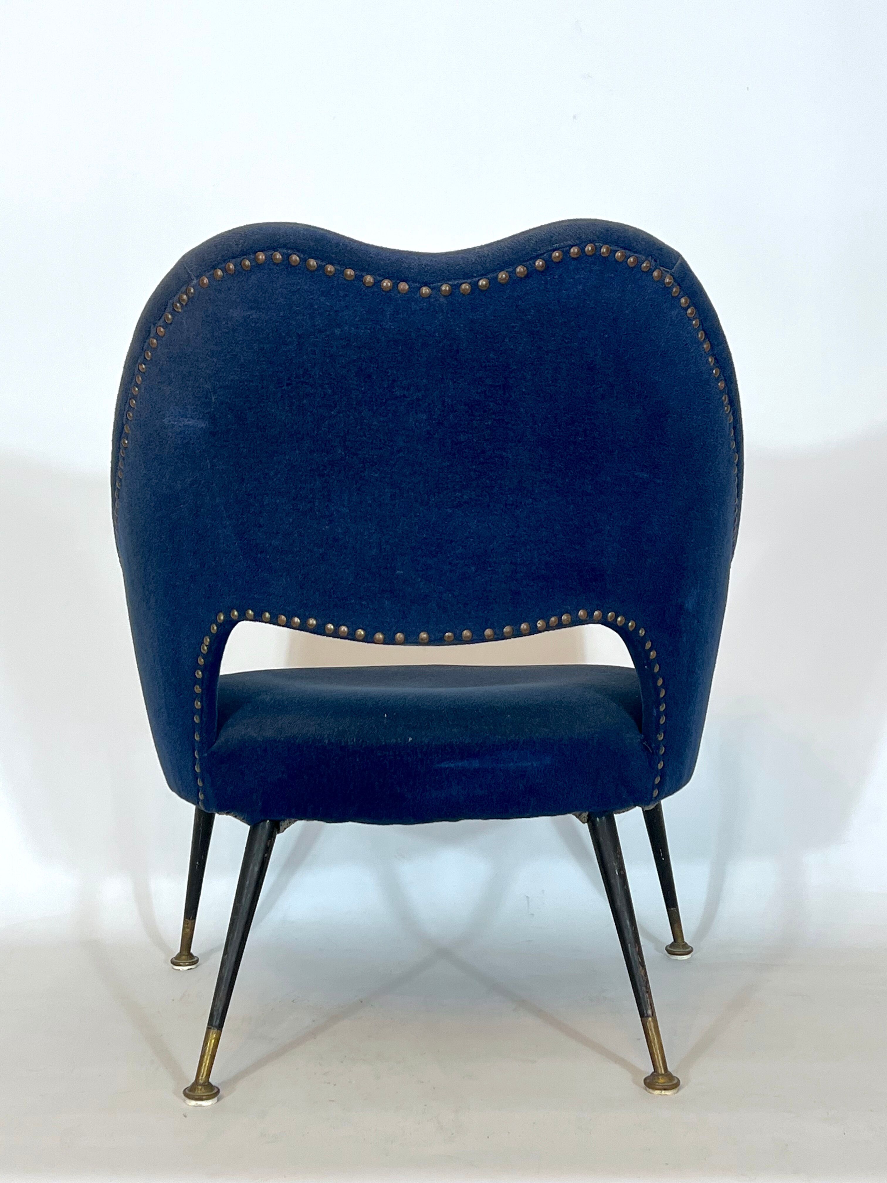 Vintage Italian blue fabric and brass armchair from 50s