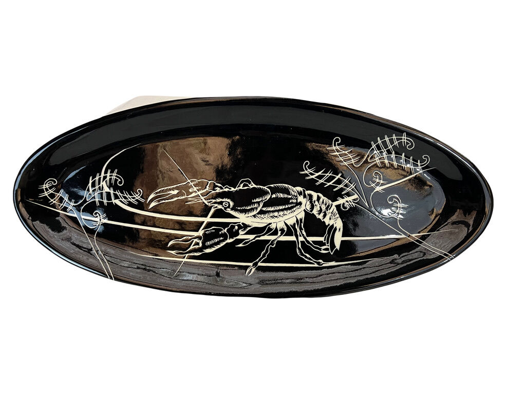 Fish service Vallauris 13 pieces black lacquer fish decor 1950s