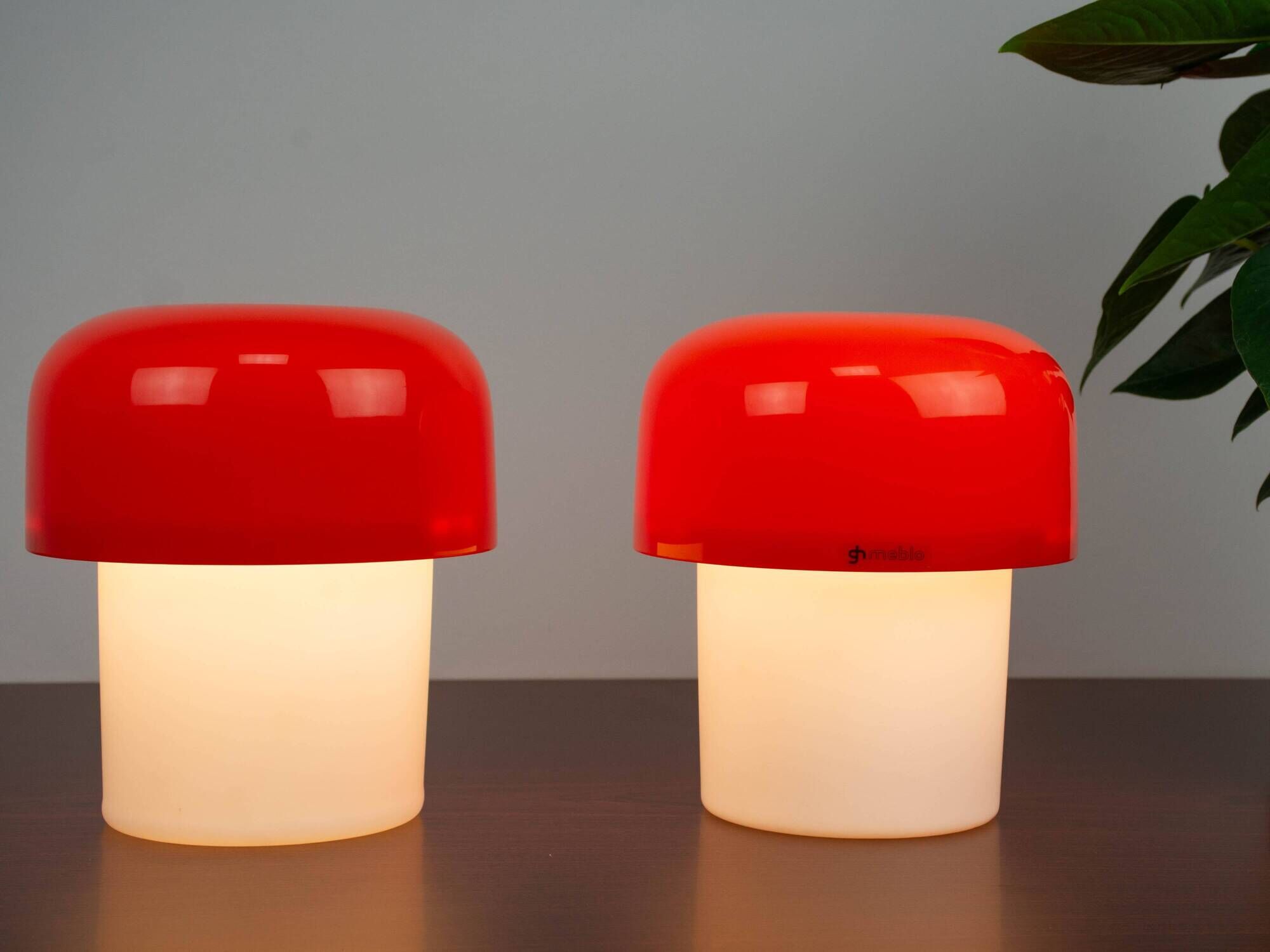 Set of 2 Space Age Orange Meblo Mushroom Table Lamps, Guzzini, 1970s