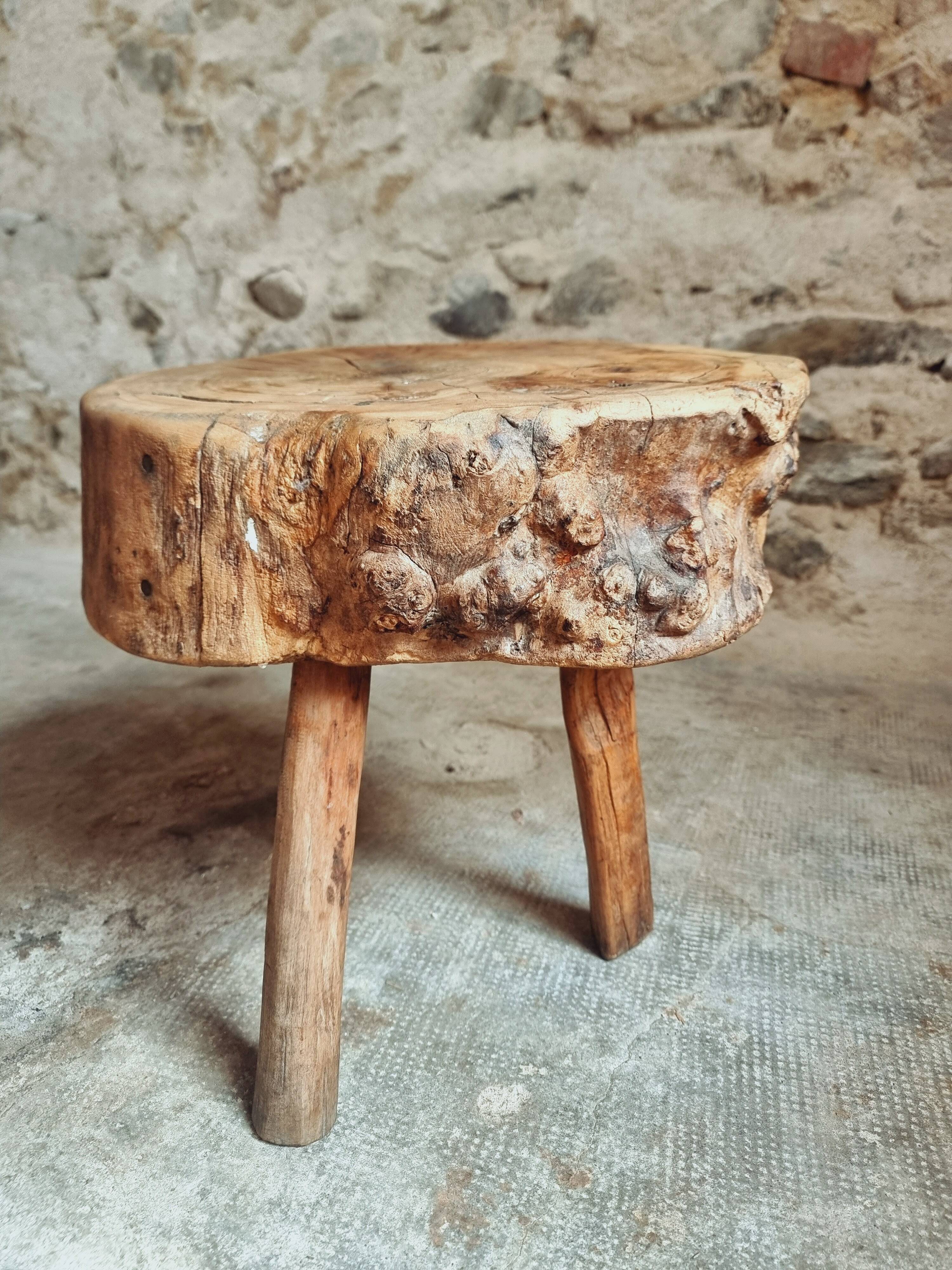 Brutalist stool in solid cherry wood – France circa 1900
