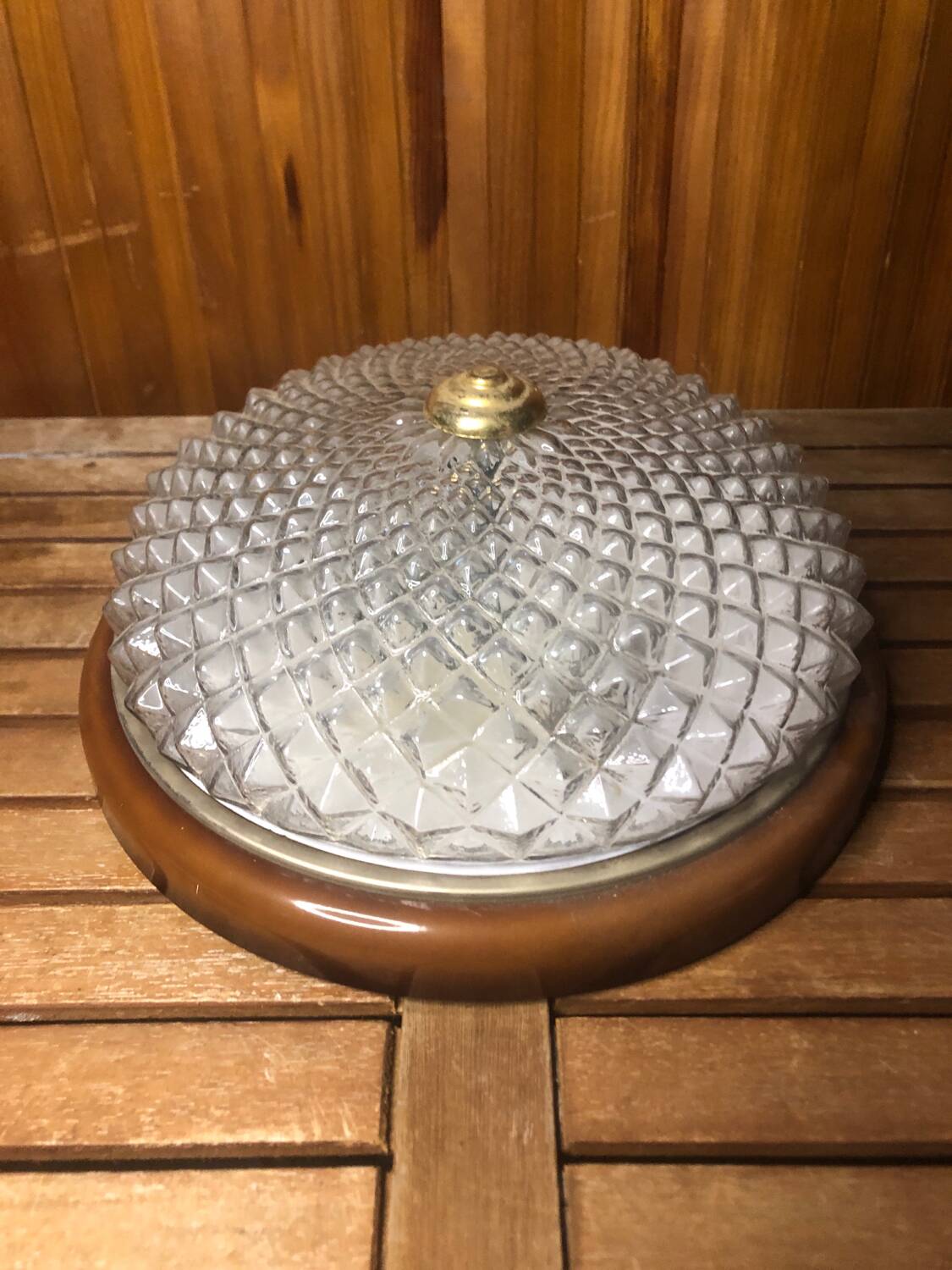 Old molded glass ceiling light + brown & gold metal contour vintage